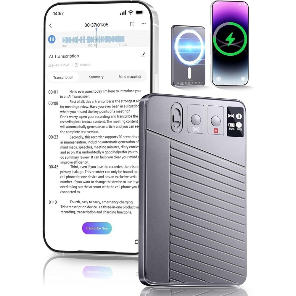 Aungsel Note AI Voice Recorder ChatGPT PLAUD Alternative 64GB 3000mAh Gray